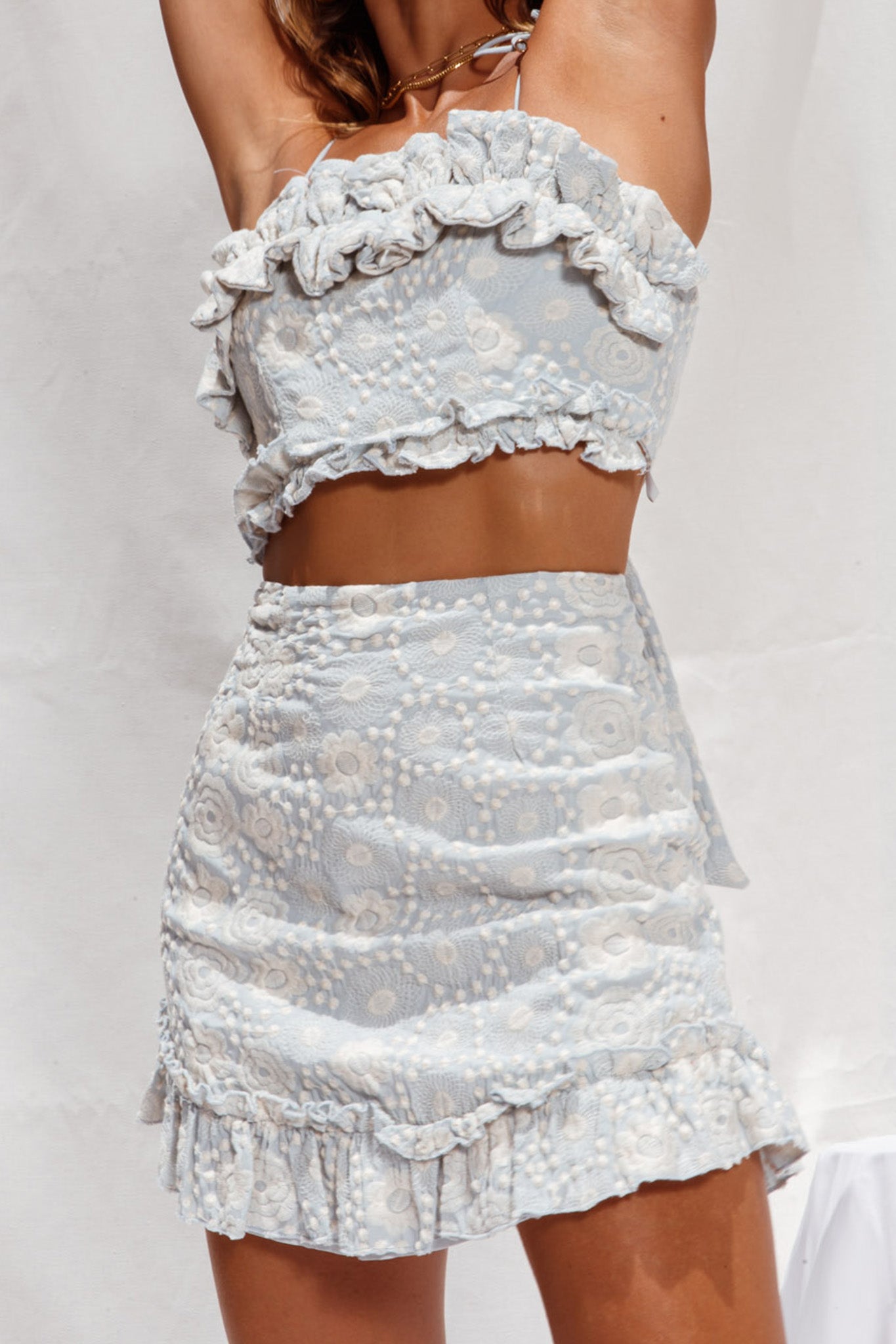Frill Seeker Tied Back Embroidery Crop Top Blue