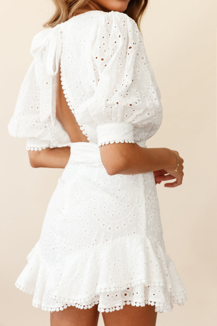 Ruth Puff Sleeve Open Back Broderie Anglaise Dress White