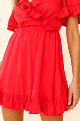 Malika Angel Sleeve Ruffle Trim Dress Red