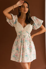 Lovers Lane Lace Trim Puff Sleeve Dress Floral Apricot