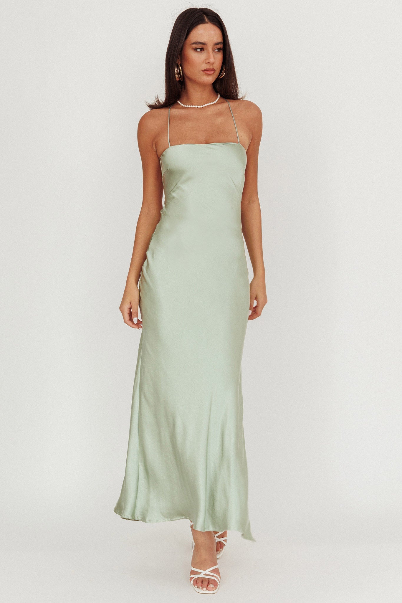 Dolce Life Backless Satin Maxi Dress Sage
