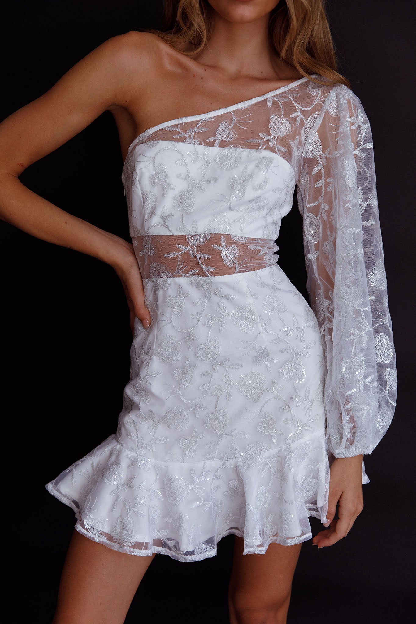 Summerville One-Shoulder Embellished Dress White