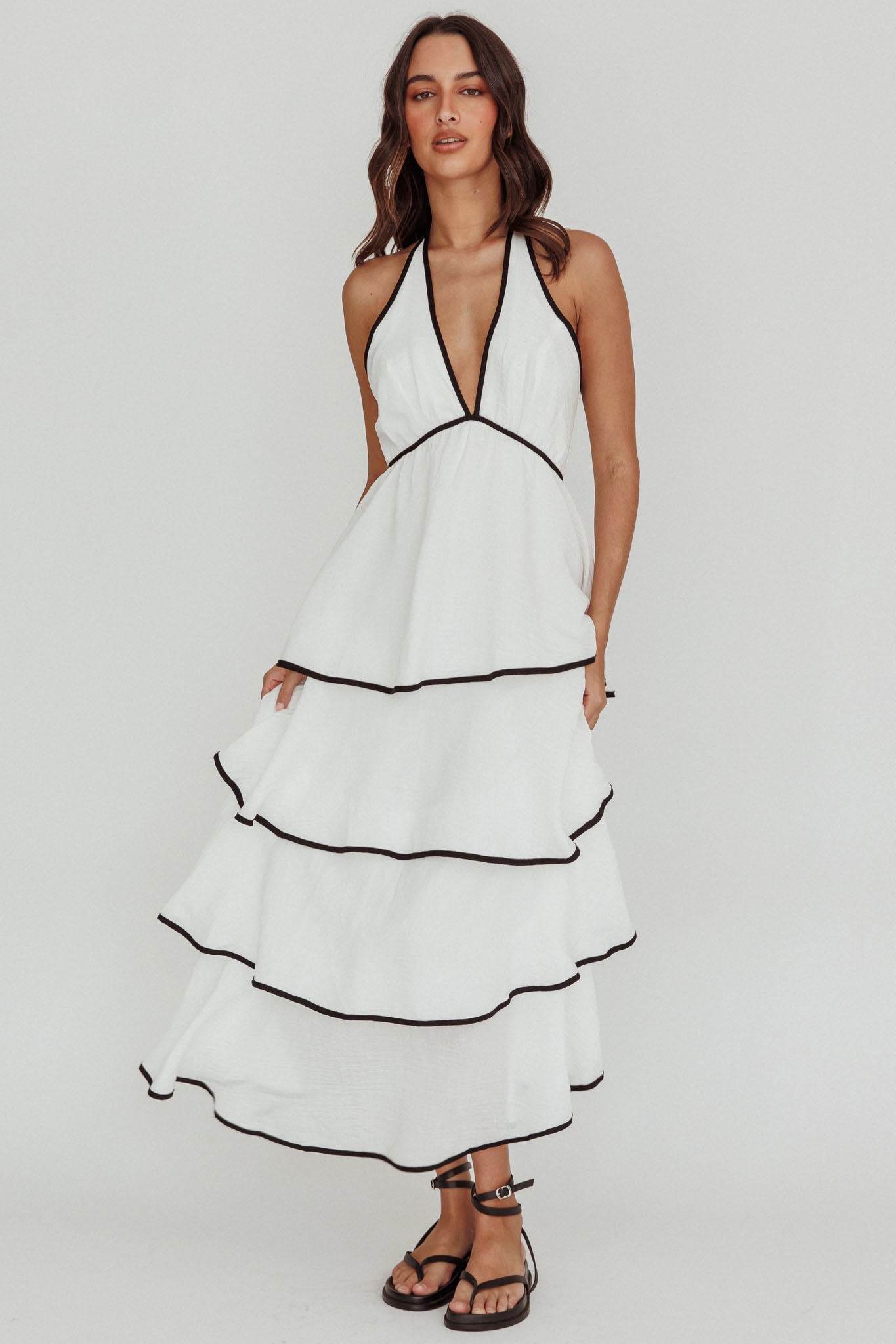 Catalina Tiered Ruffle Maxi Dress White/Black