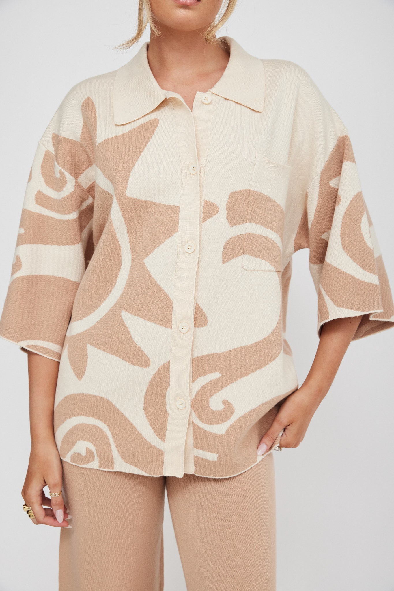 Nalani Button Up Knit Shirt Sand Wood