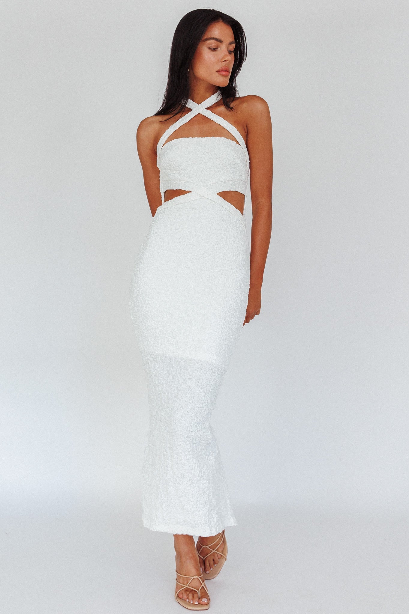 Zadriana Halterneck Textured Midi Dress White