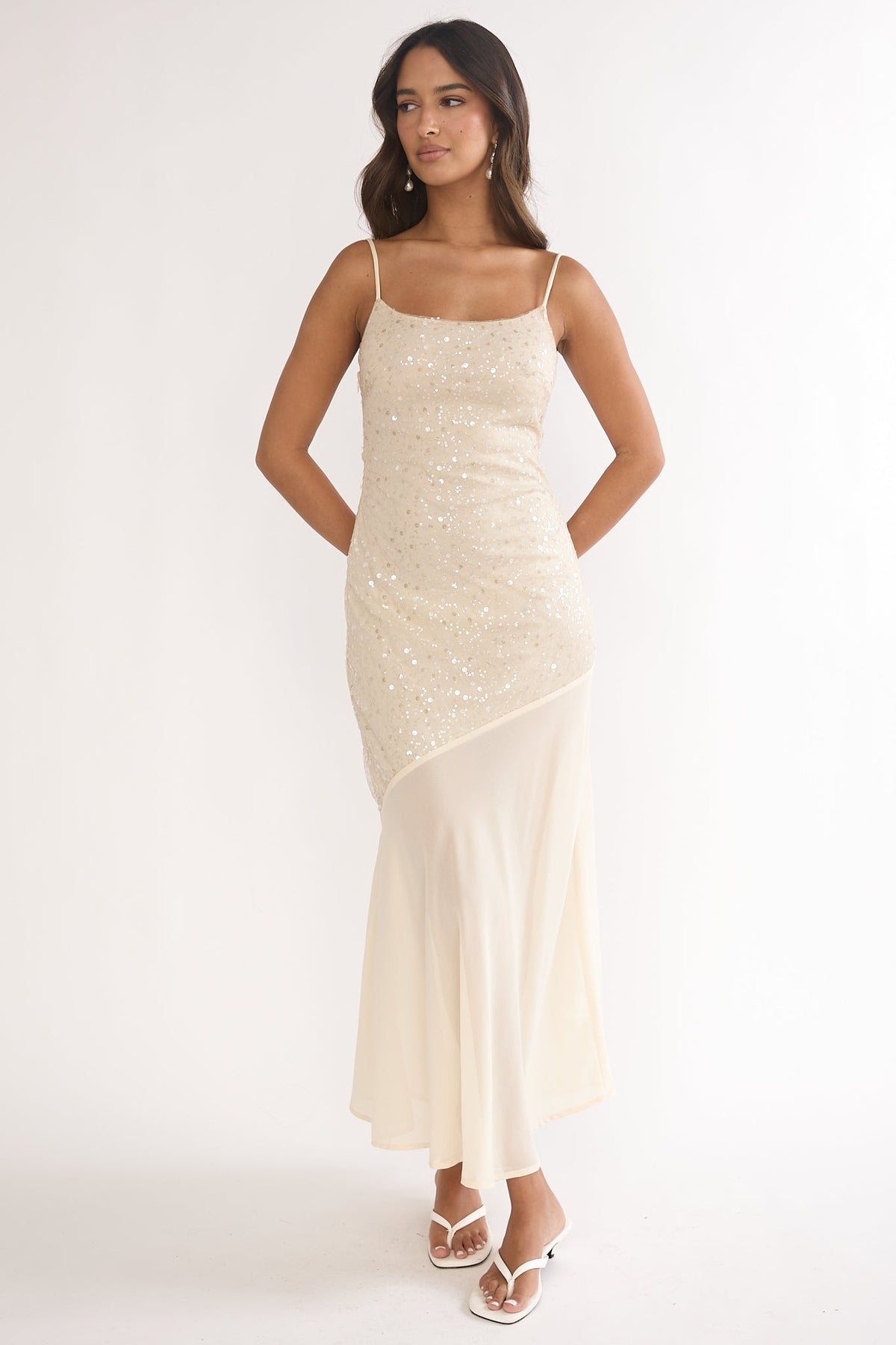 Gilded Dream Chiffon Hem Maxi Dress Sequin Oyster