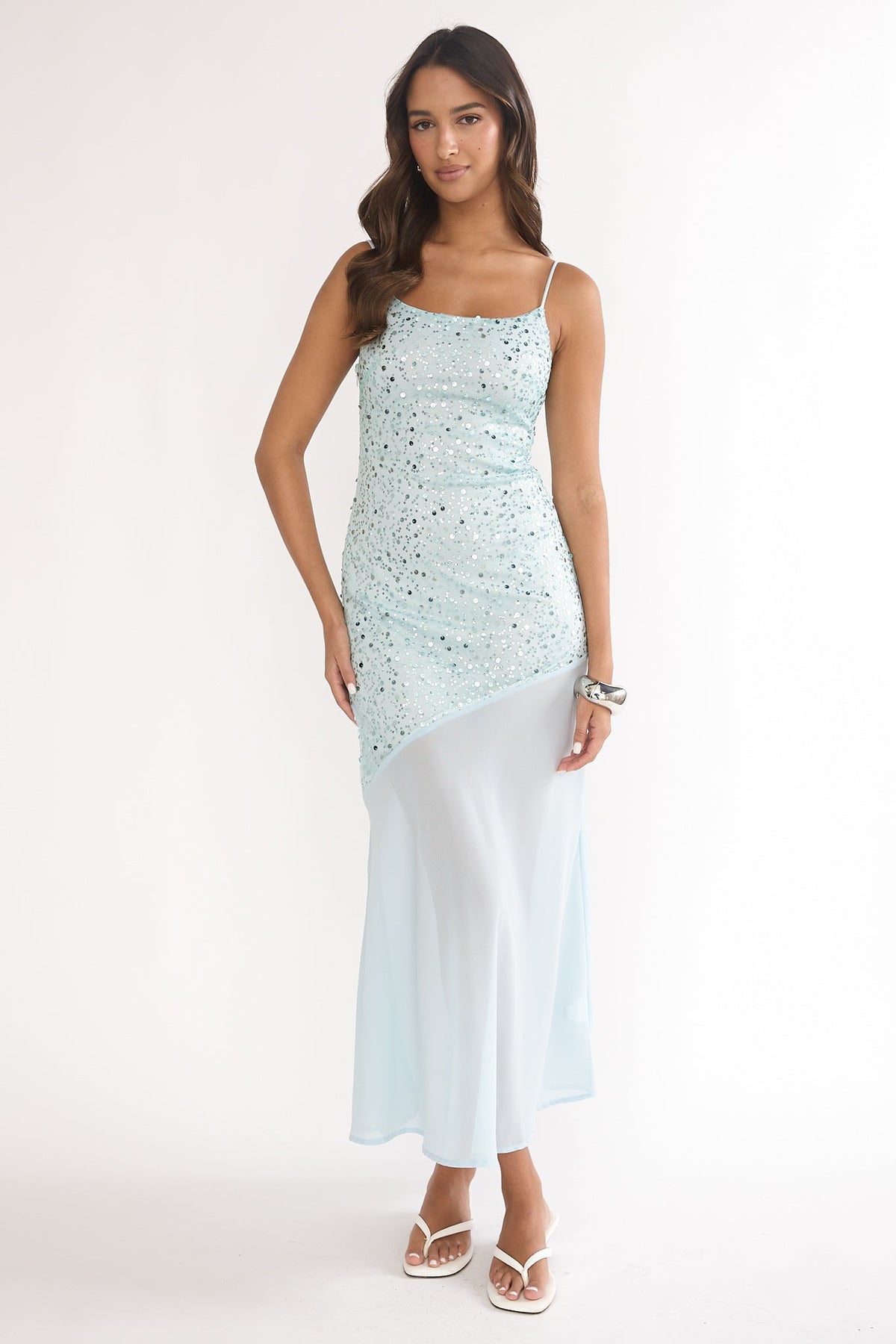 Gilded Dream Chiffon Hem Maxi Dress Sequin Sage