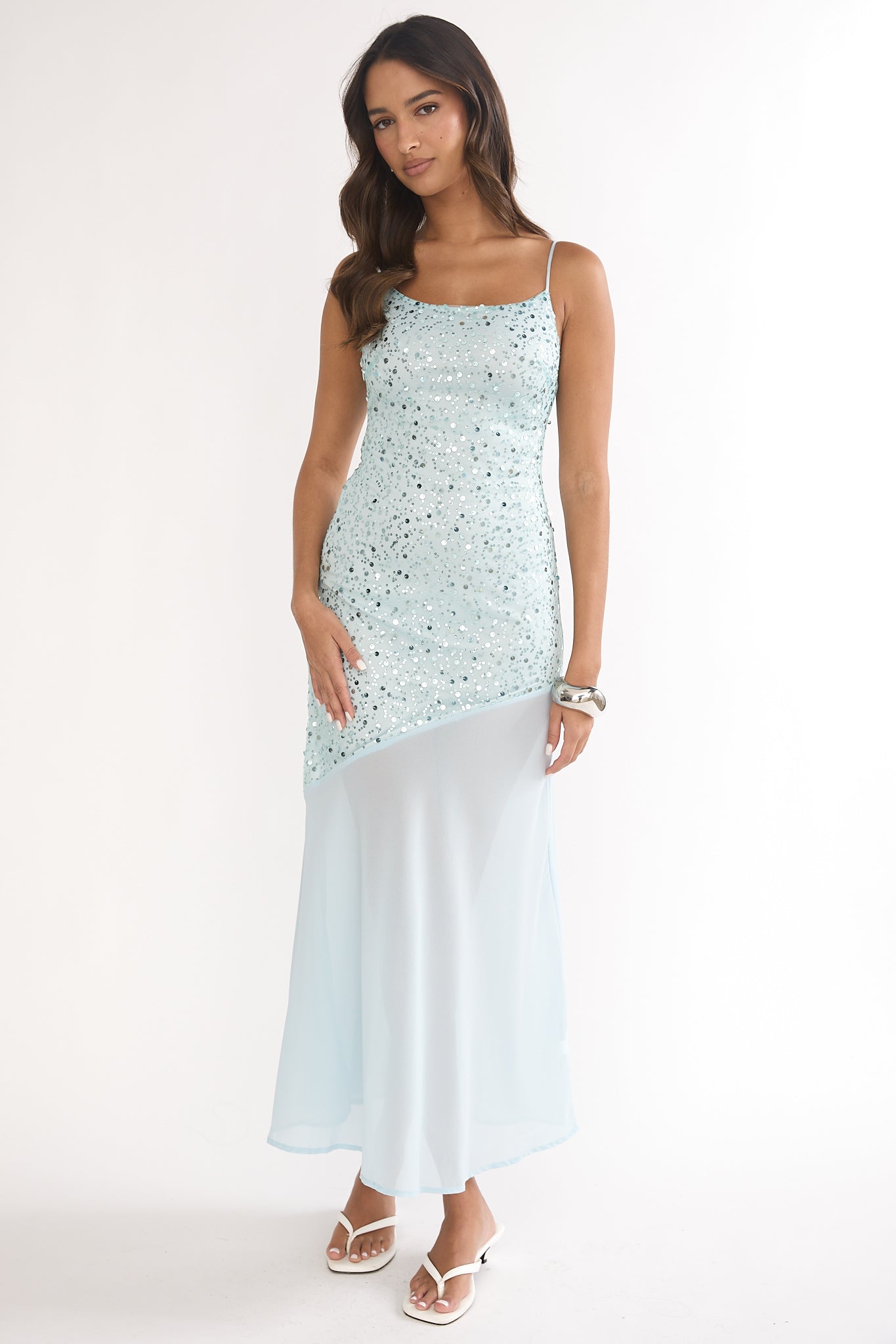 Gilded Dream Chiffon Hem Maxi Dress Sequin Sage