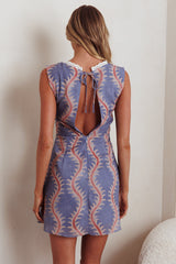 Ashtan Lace Trim Open Back Mini Dress Print Dusk Blue