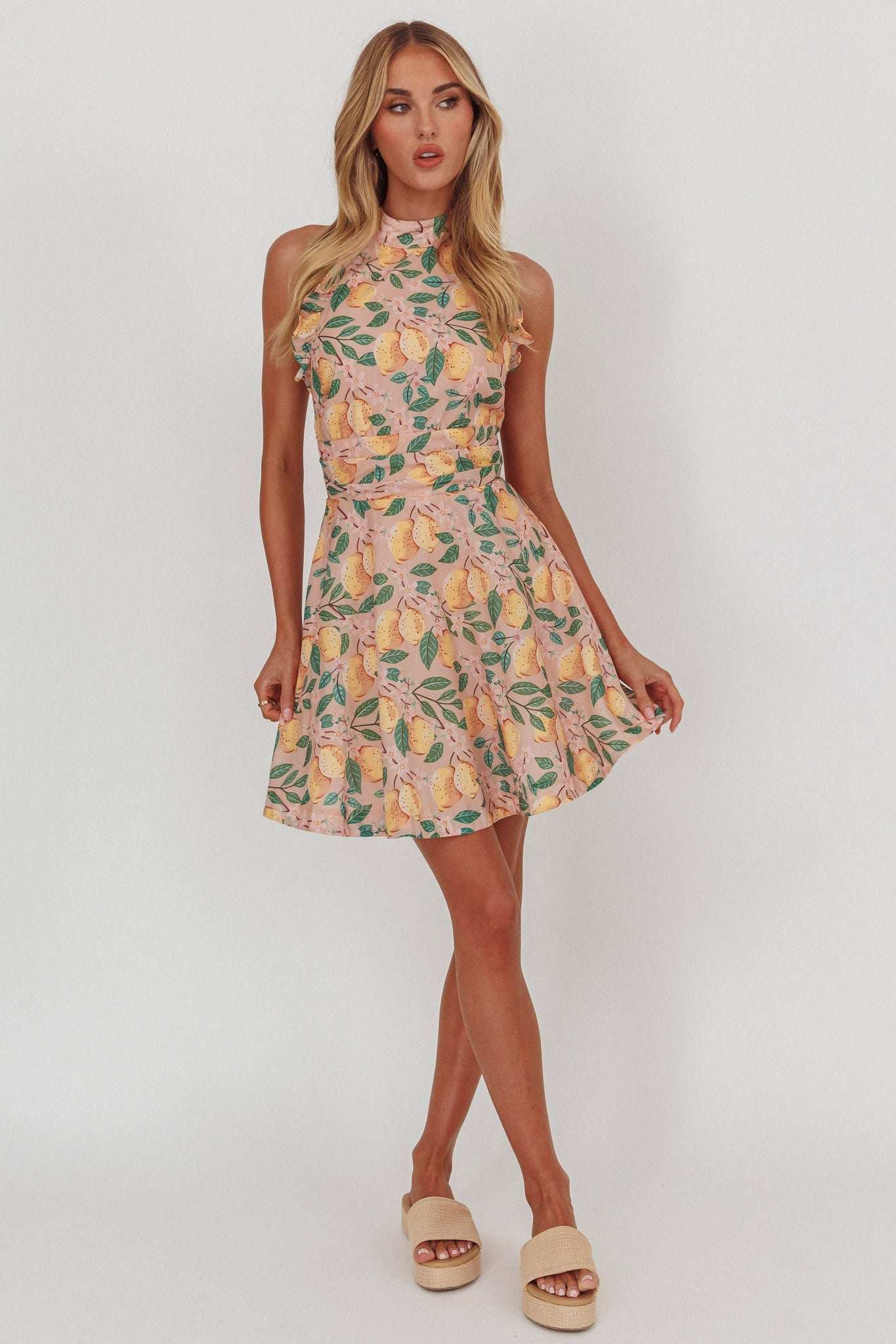 Miko Frill Trim Halter Mini Dress Lemon