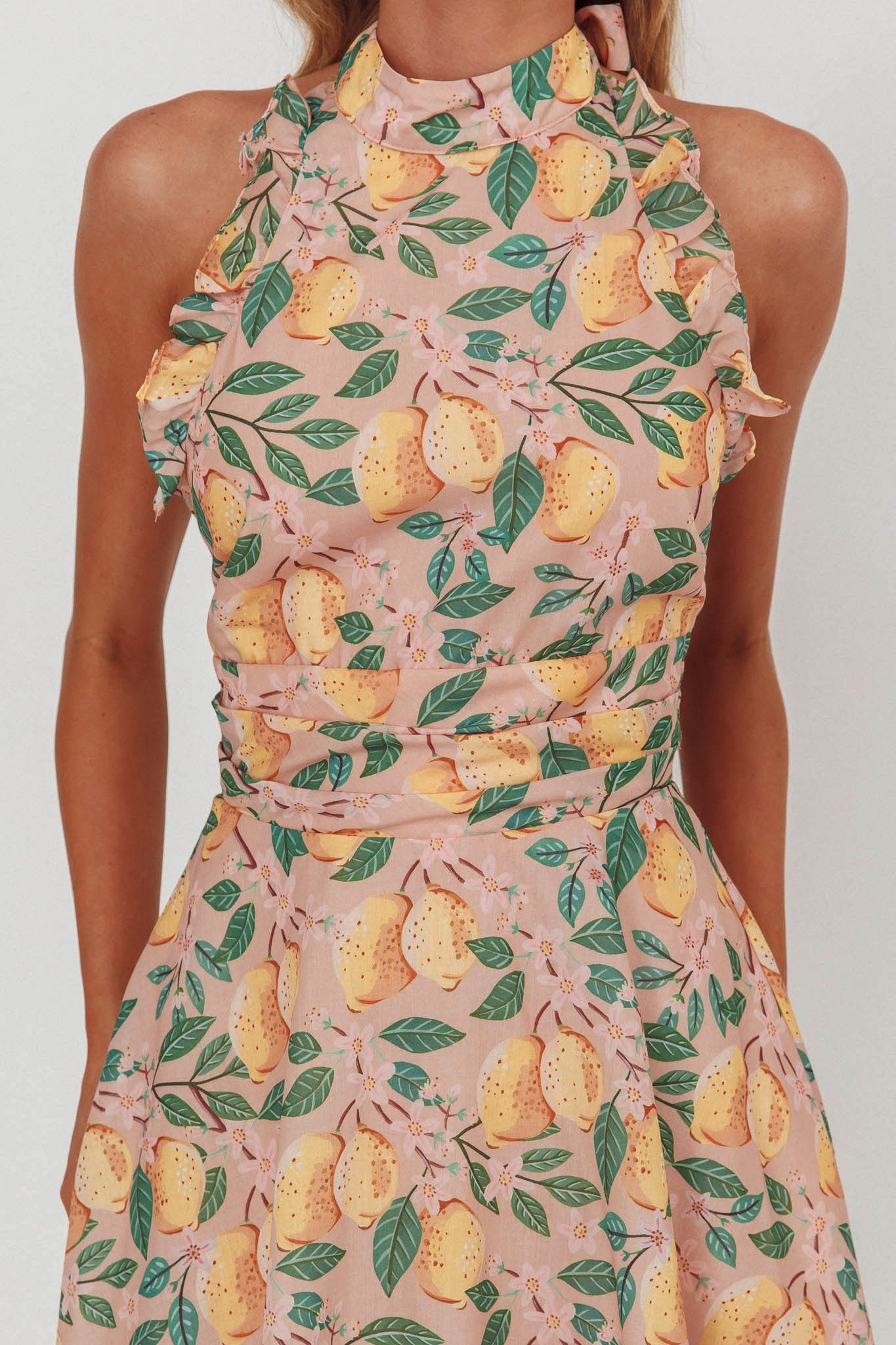 Miko Frill Trim Halter Mini Dress Lemon