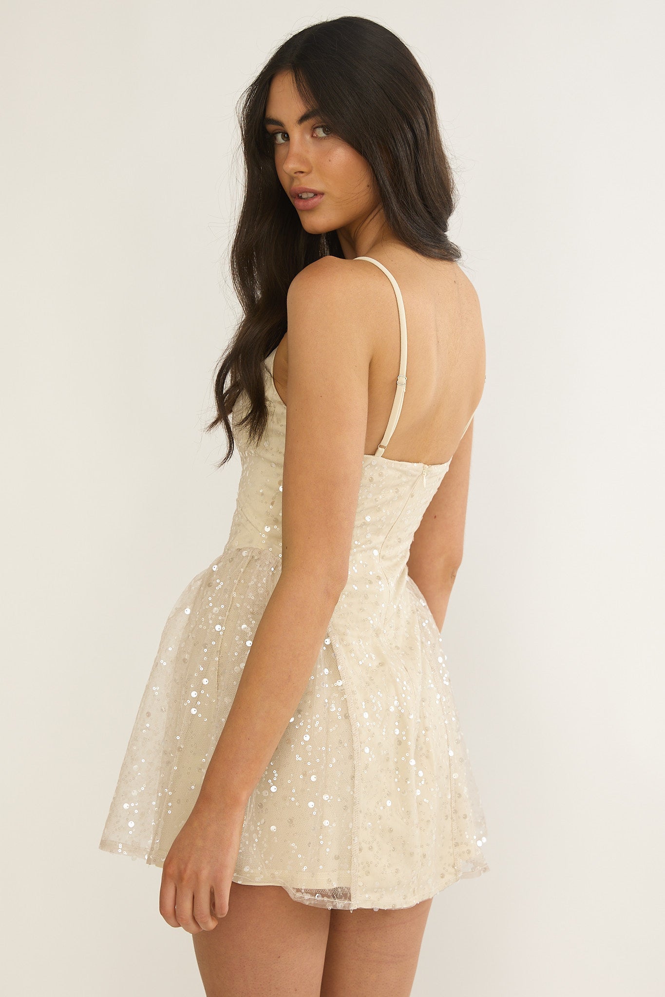 Roselisse Cami Strap Sequin Mini Dress Oyster
