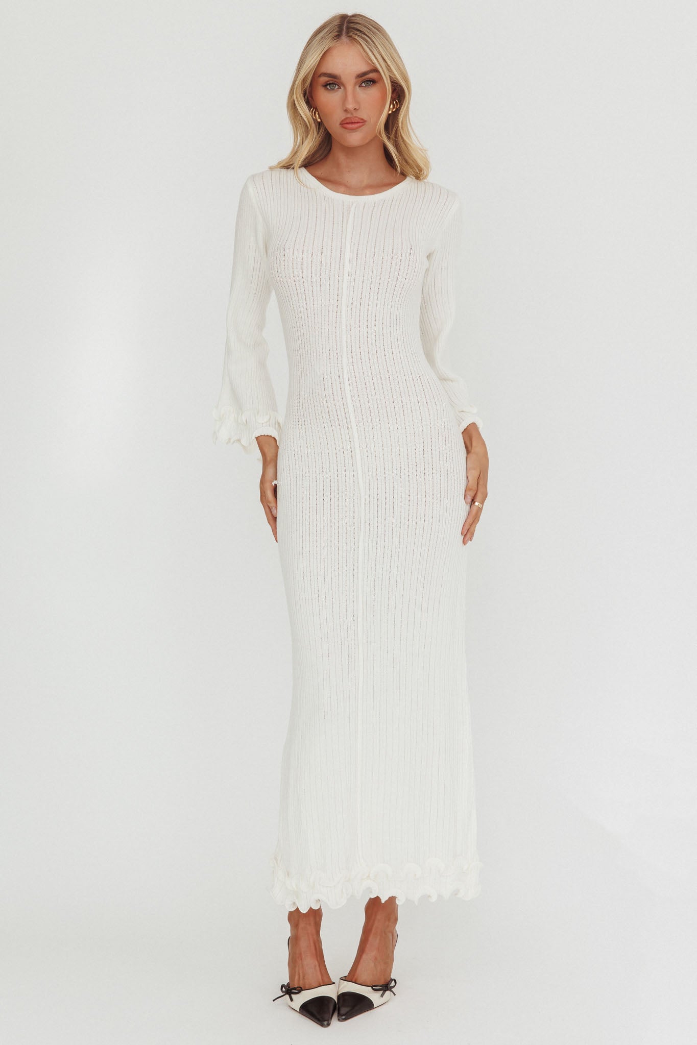 Wrenna Bell Sleeve Knit Maxi Dress White