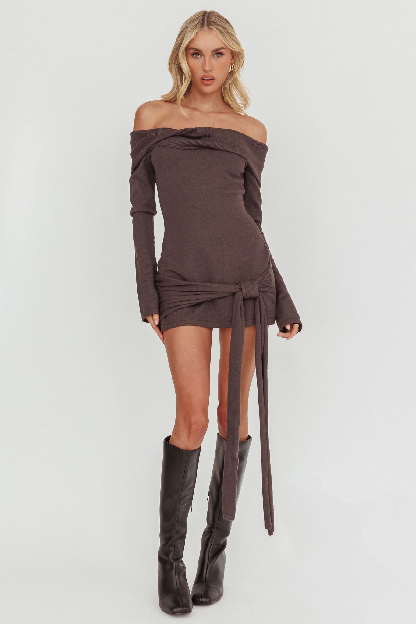 Sofina Off-Shoulder Hip Tie Mini Dress Grey