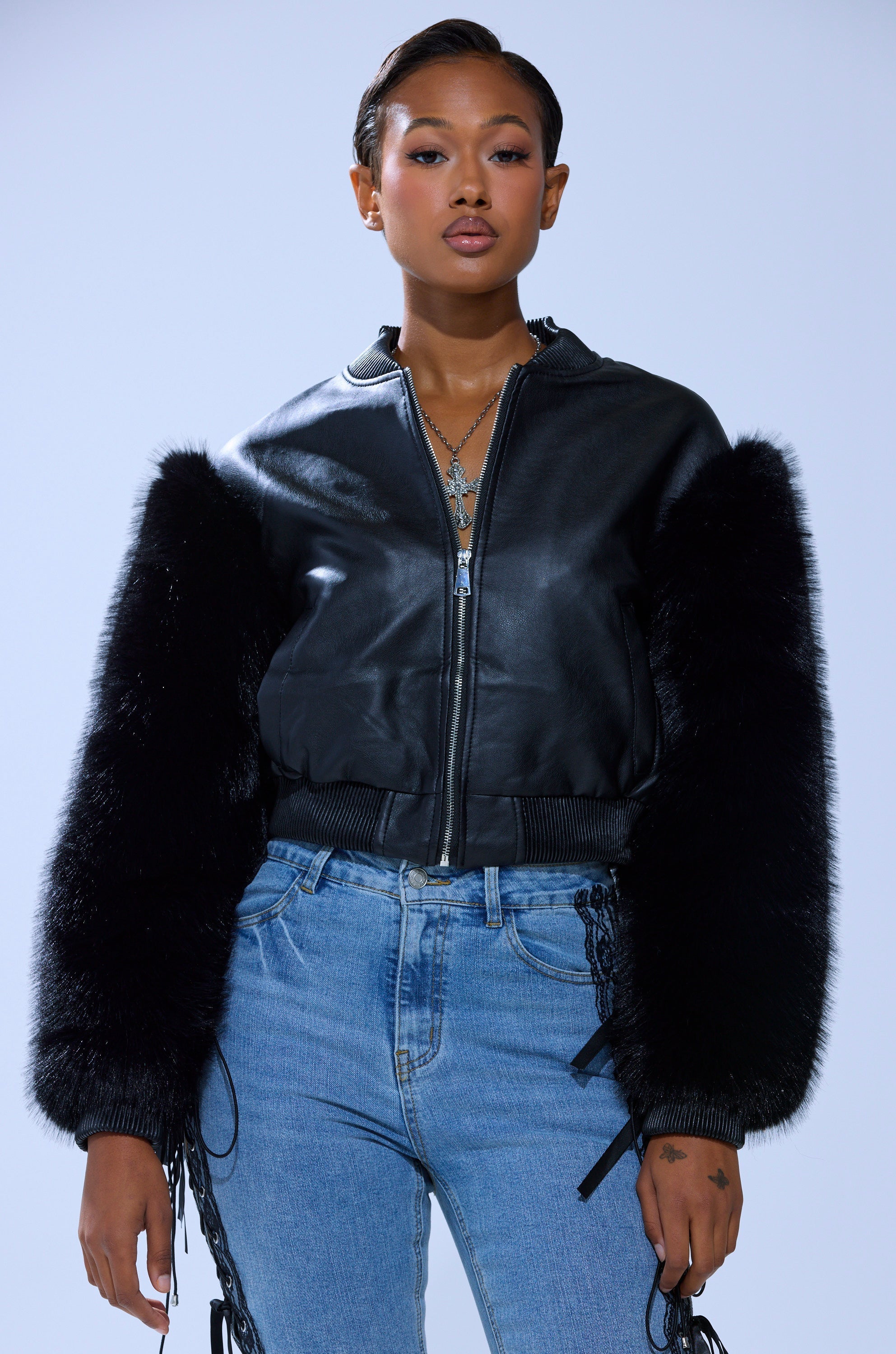 SO GOOD IT HURTS FUR SLEEVE BOMBER IN BLACK