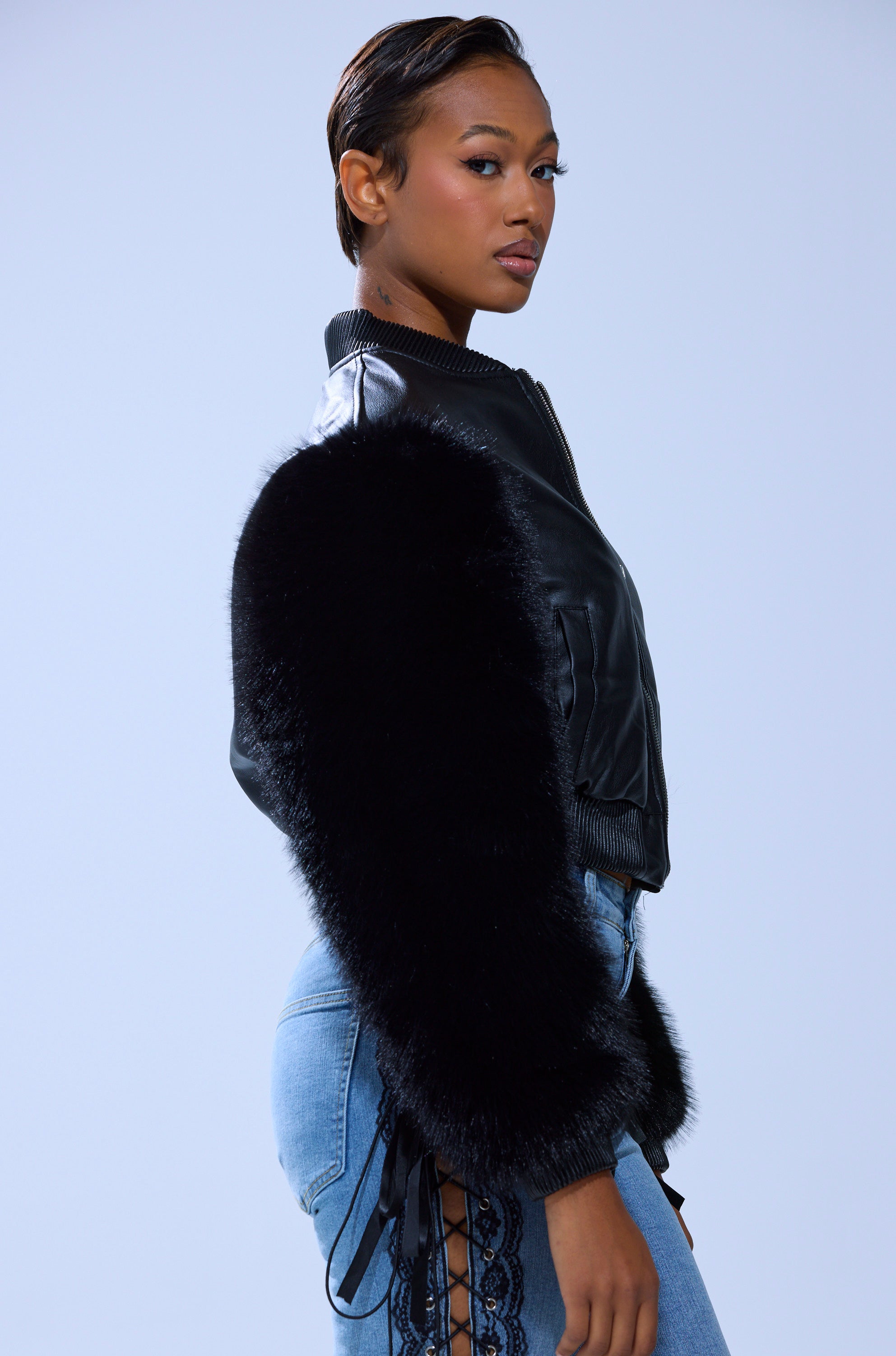 SO GOOD IT HURTS FUR SLEEVE BOMBER IN BLACK