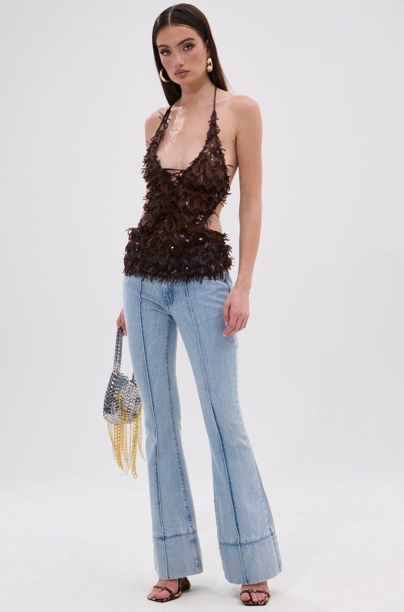 SEQUIN FRINGE QUEEN HALTER NECK BLOUSE