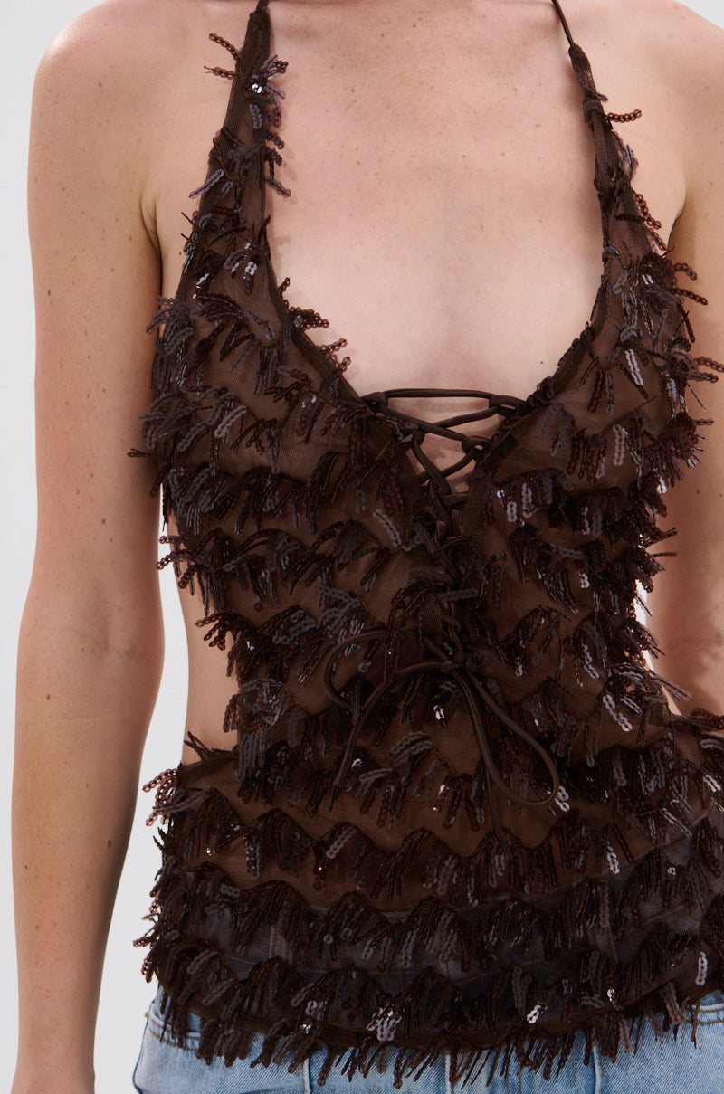 SEQUIN FRINGE QUEEN HALTER NECK BLOUSE