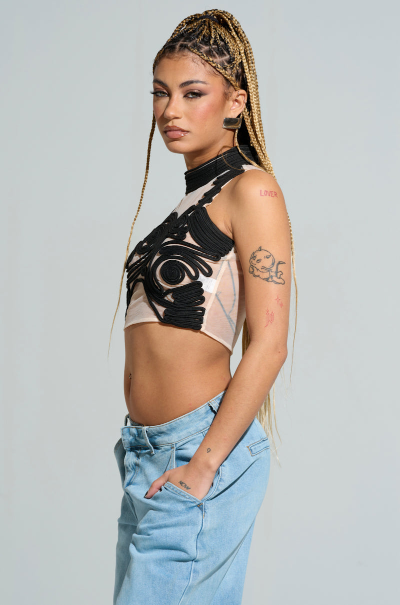 SATURN RINGS HIGH NECK MESH UNDERLAY BLOUSE IN BLACK