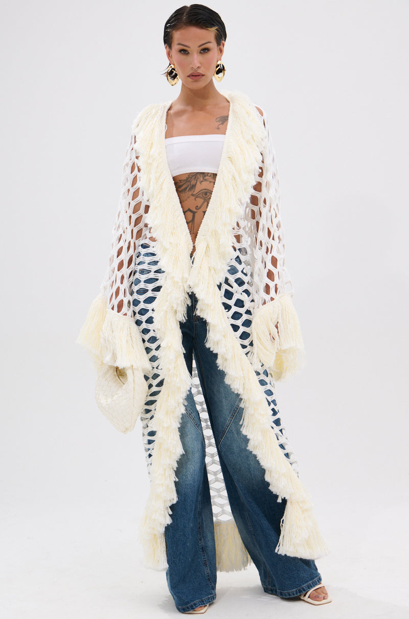 BORN LIKE THIS FRINGE DETAIL LONG CARDIGAN