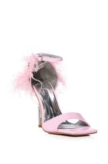 AZALEA WANG CLARICE FEATHER SANDAL WITH RHINESTONE STILETTO HEEL IN PINK
