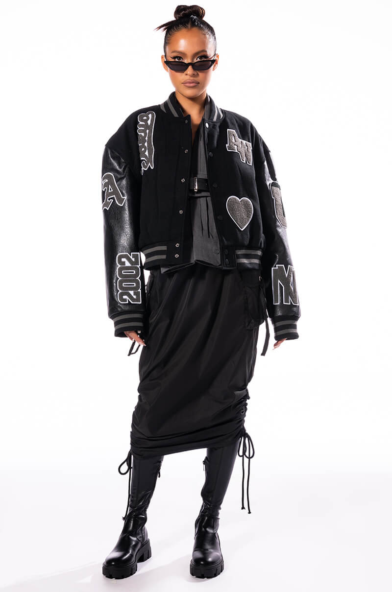 RUELA BLACK OUT OVERSIZED VARSITY BOMBER