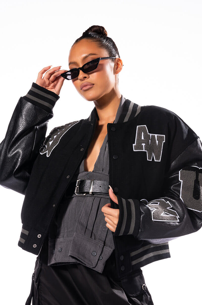 RUELA BLACK OUT OVERSIZED VARSITY BOMBER