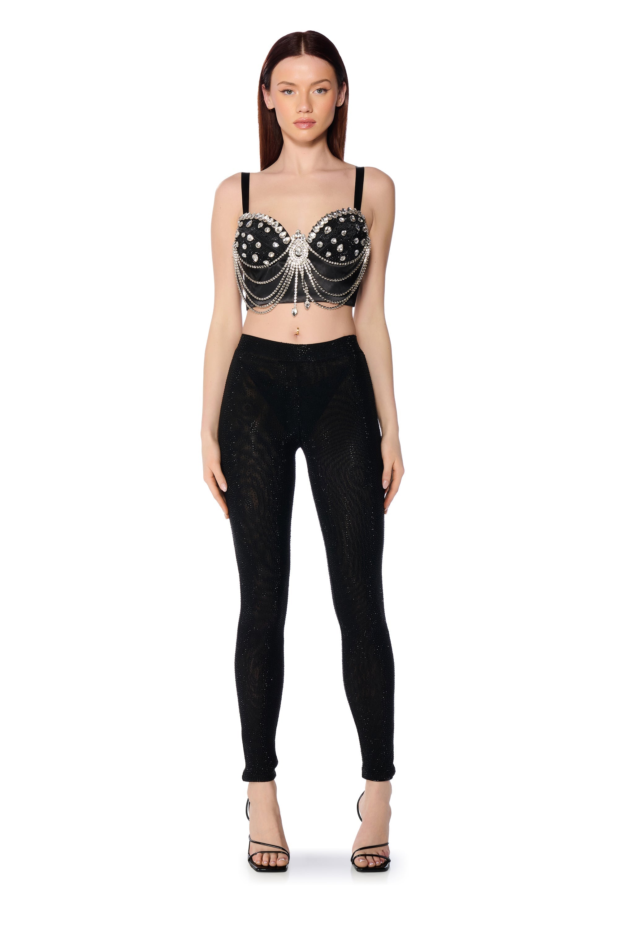 CLARISSA EMBELLISHED MESH LEGGINGS IN BLACK