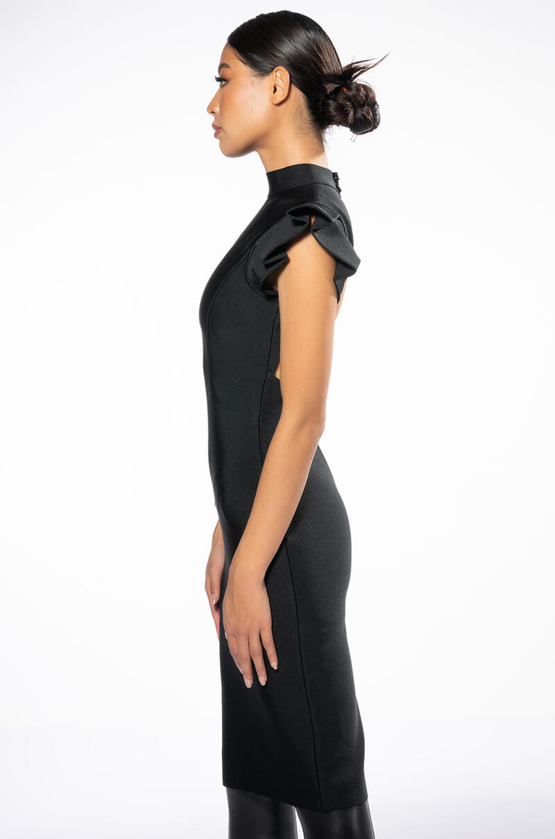 WINTOUR MOCK NECK RUFFLE SLEEVE MIDI DRESS
