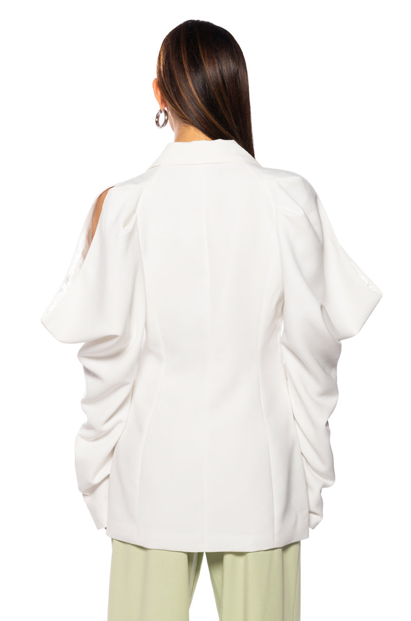 FLARE COLD SHOULDER BLAZER IN WHITE