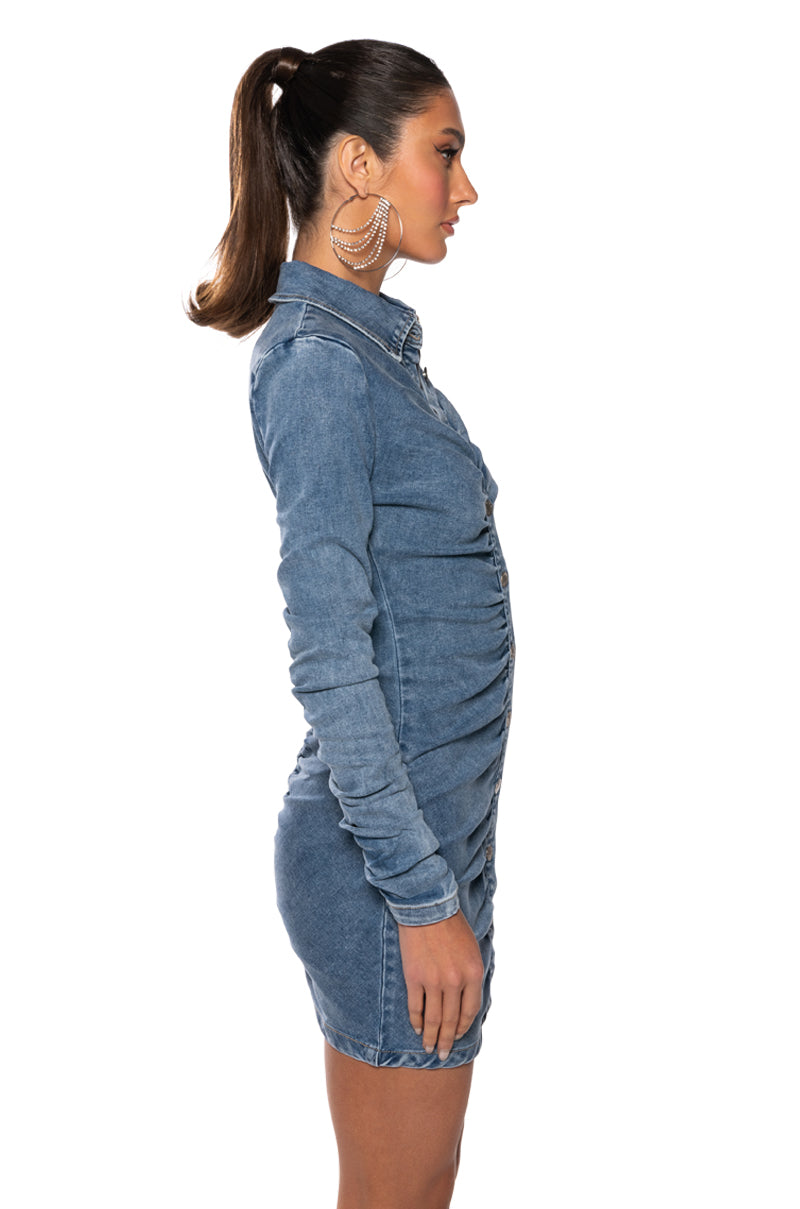 FLEX FIT RUCHED BUTTON DOWN LONG SLEEVE MINI DRESS