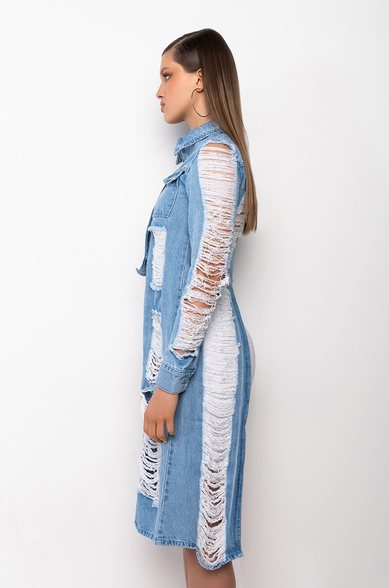 HI LO DISTRESSED DENIM JACKET