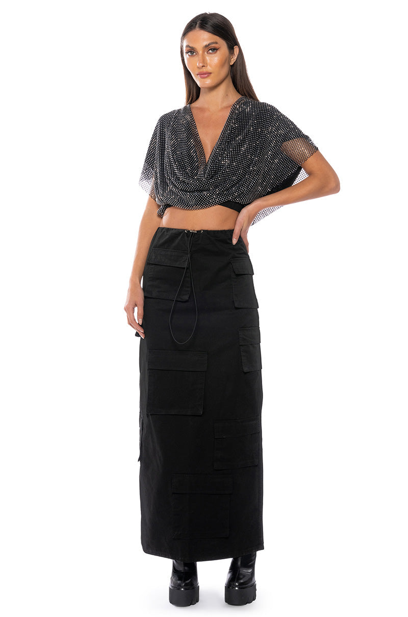 INDIGO DRAPED RHINESTONE MESH BLOUSE