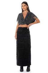 INDIGO DRAPED RHINESTONE MESH BLOUSE