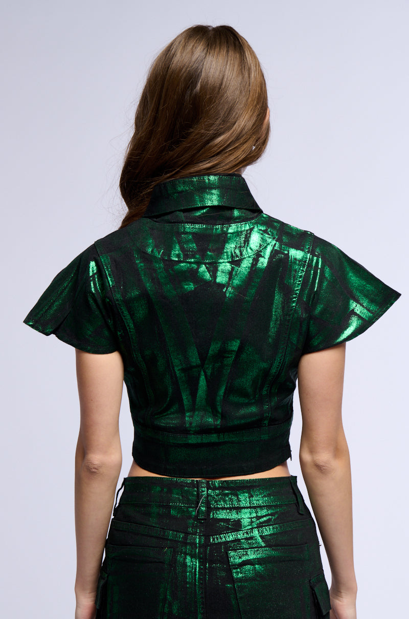 KAROLINA METALLIC GREEN BUTTON DOWN TOP