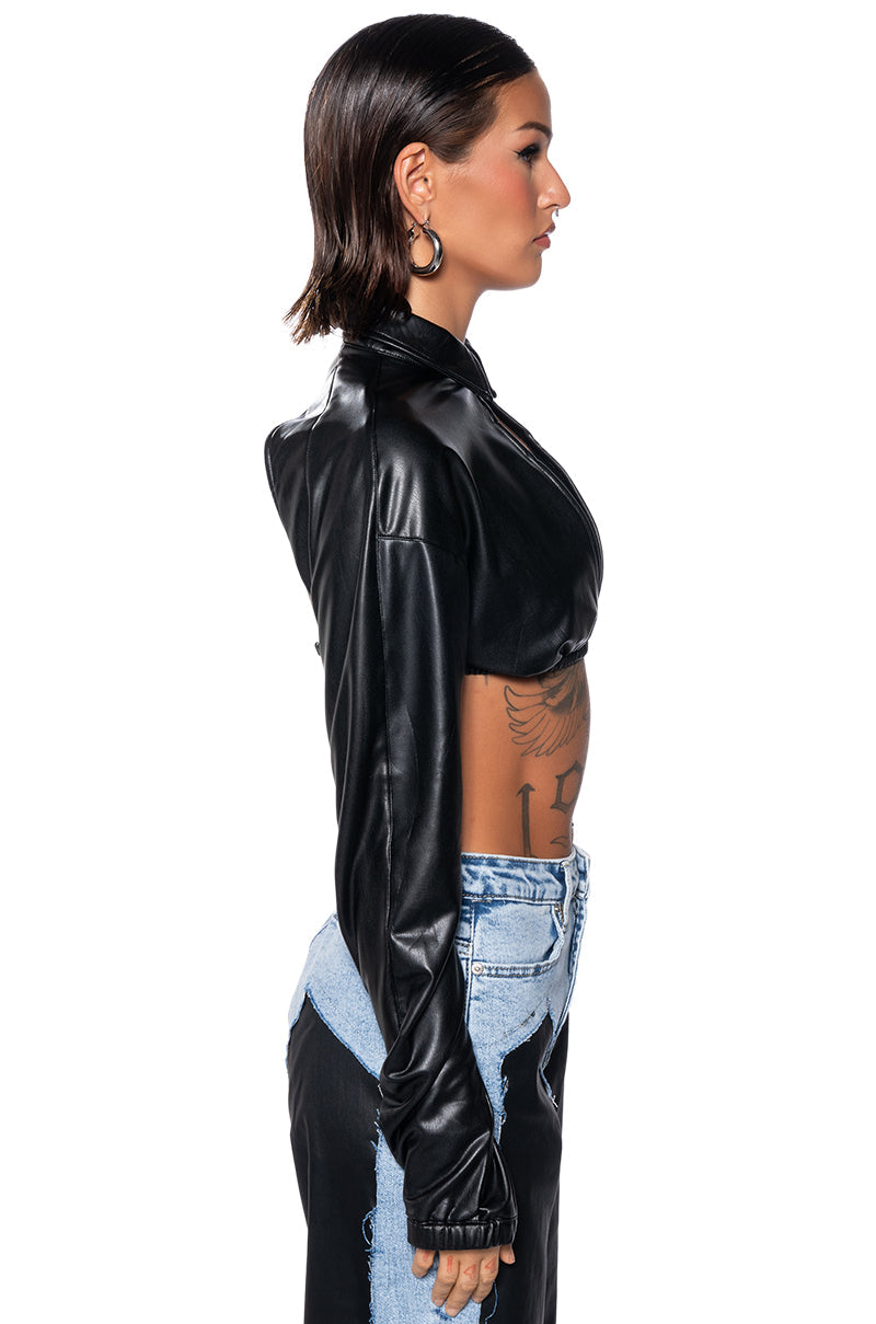 KEEP UP FAUX LEATHER COLLARED CROPPED SHIRT