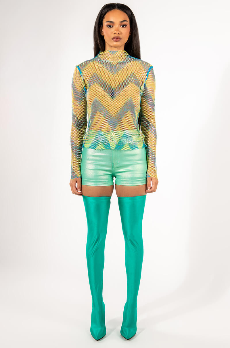 LASTING IMPRESSION LONG SLEEVE MOCK NECK RHINESTONE MESH TOP