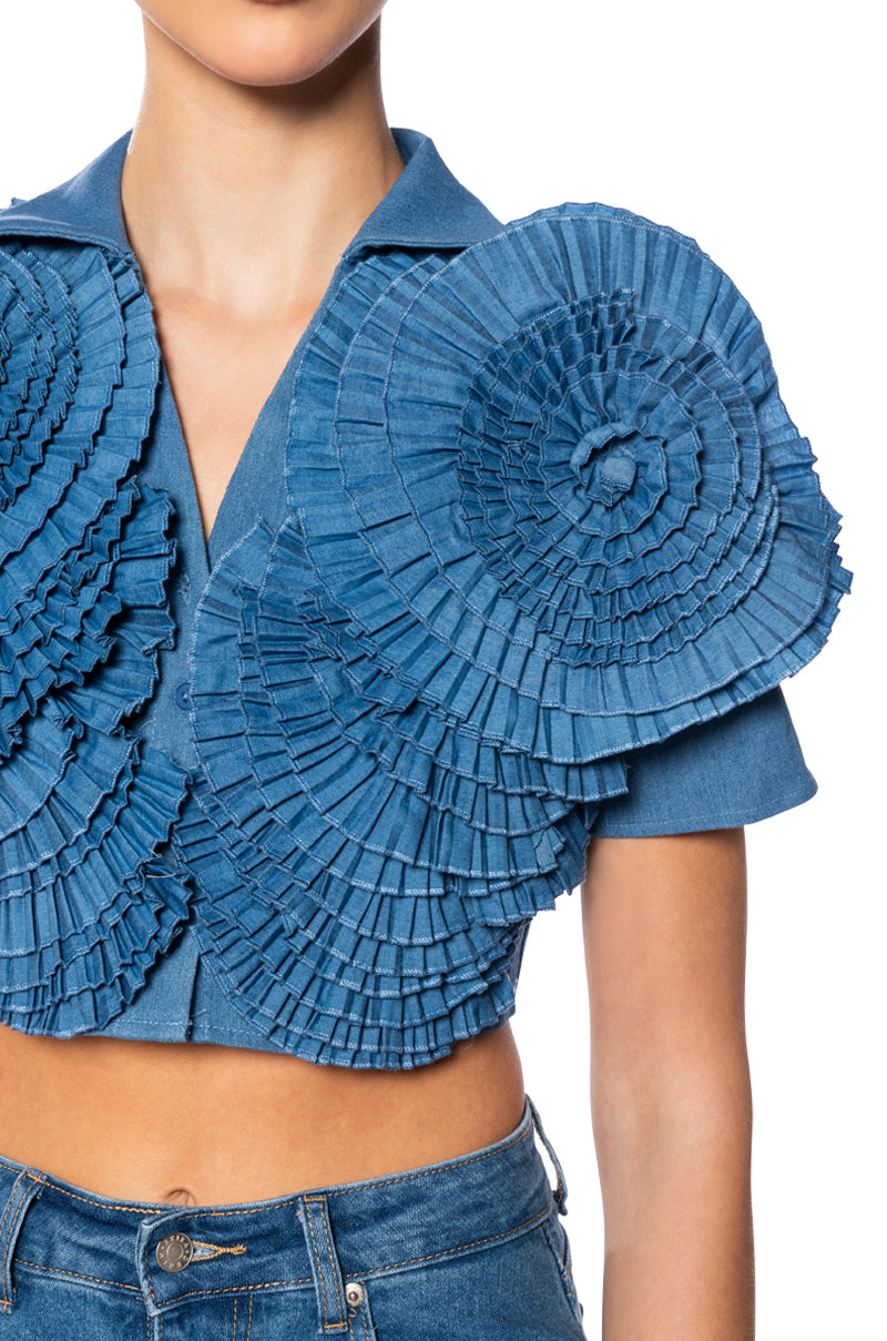 MYRA TEXTURED COLLARED DENIM TOP