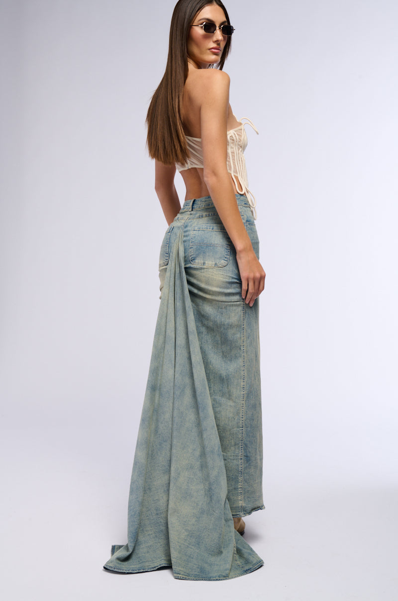 OH THE DRAMA DENIM MAXI SKIRT WITH TRAIN