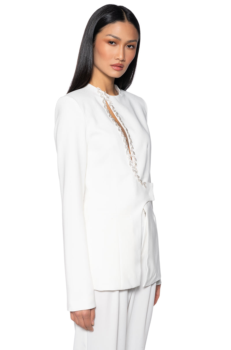 PEEK A BOO RHINESTONE ACCENT BLAZER IN WHITE