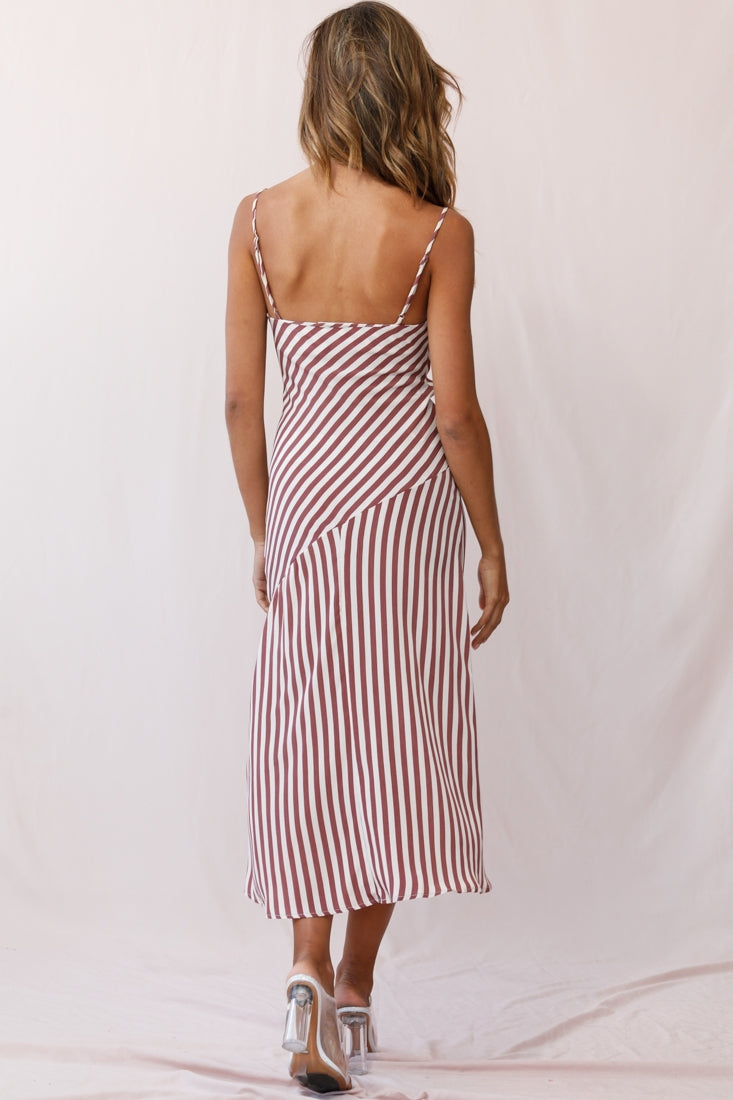 Downtown Cami Strap Front Split Midi Dress Stripe Print Rose