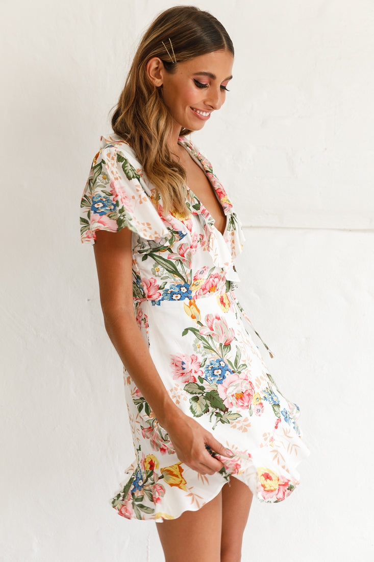 Love Story Angel Sleeve Wrap Dress Floral Print White