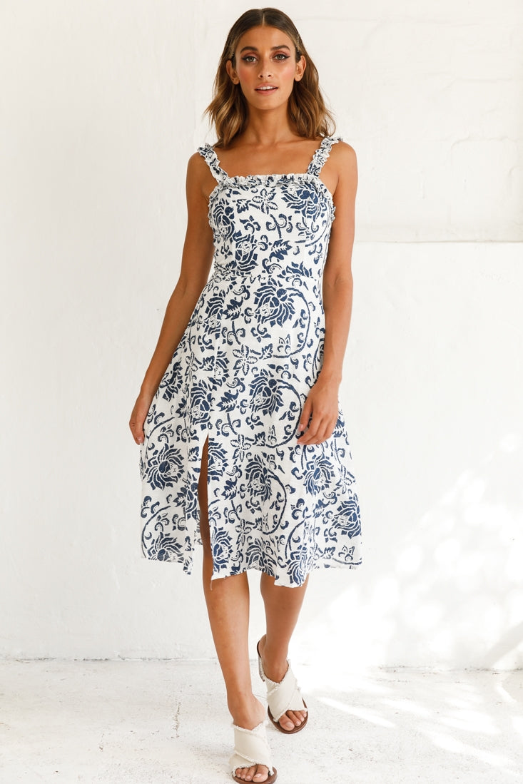 Magdalene Frill Strap A-Line Midi Dress Floral Print White