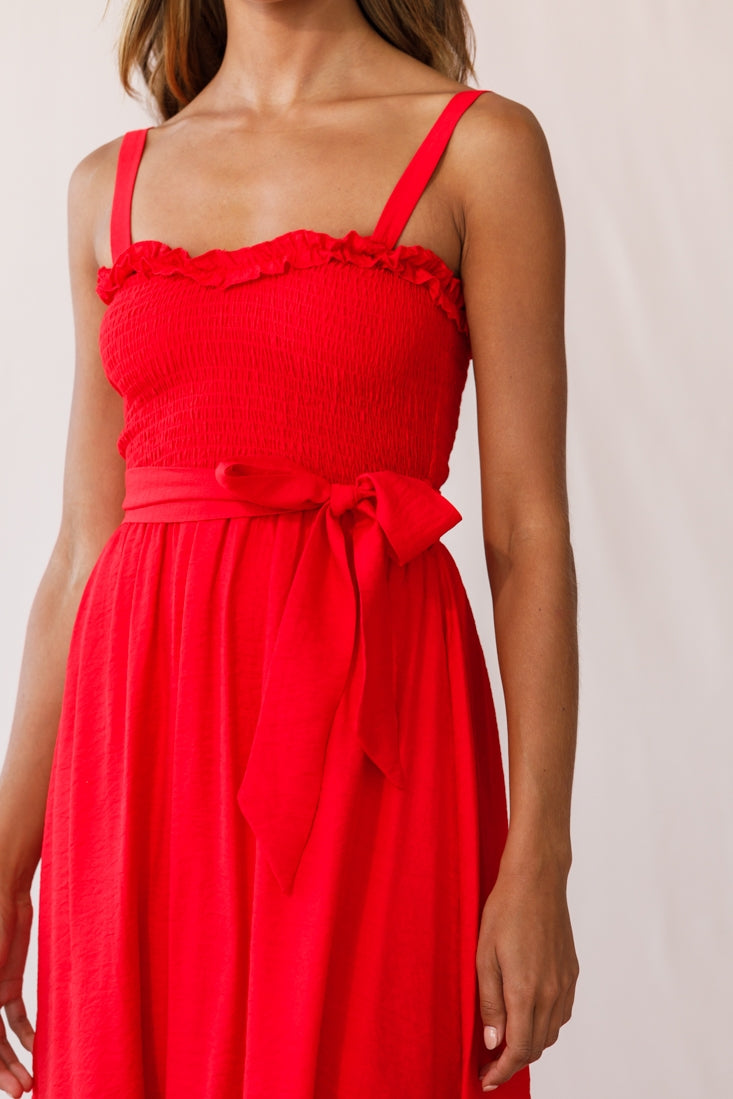 Honey Shirred Frill Midi Dress Red
