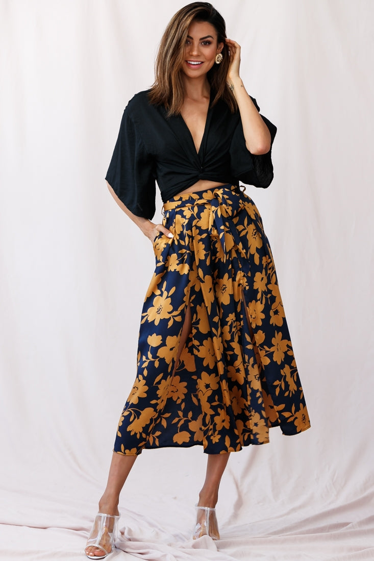 Danika Front Split Midi Culotte Pants Navy/Mustard