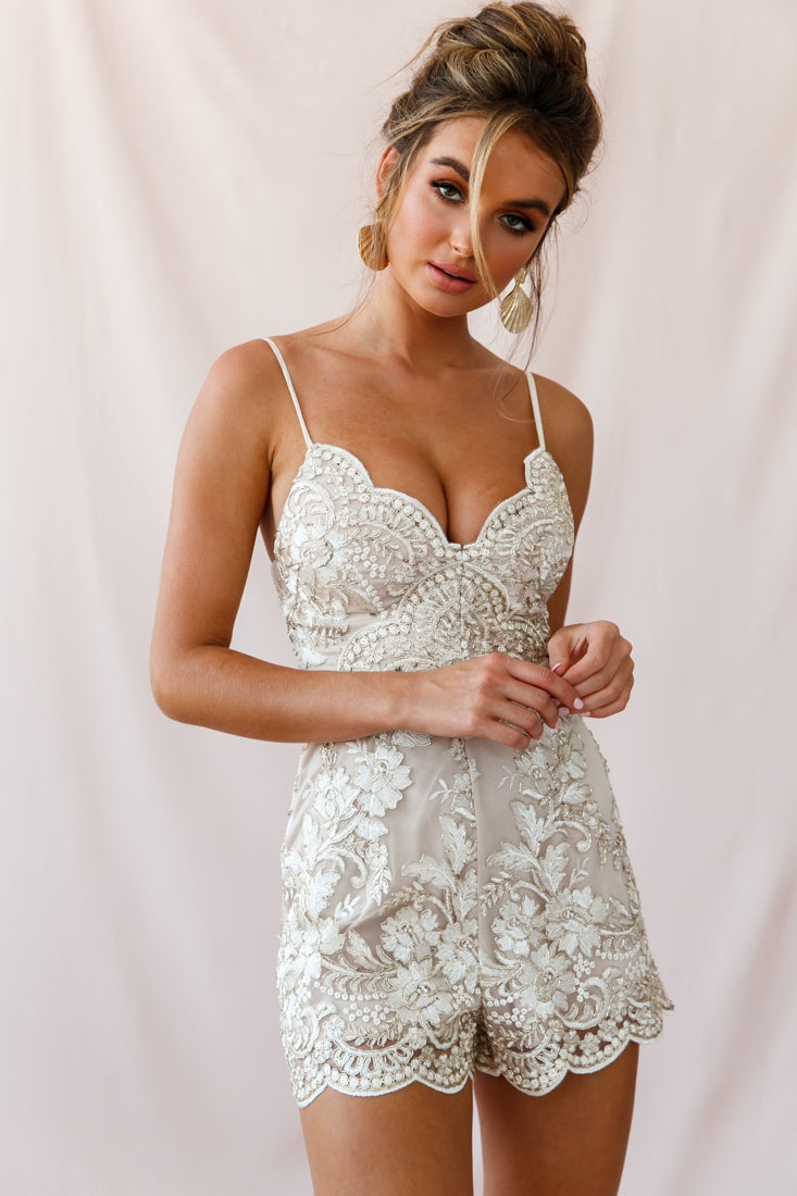 Delilah Embroidered Scalloped Hem Romper Beige