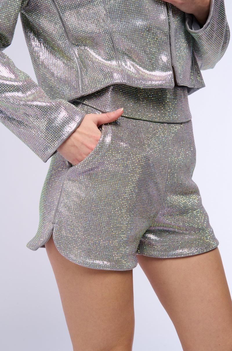 POP STAR HOT FIX RHINESTONE SHORT IN SILVER