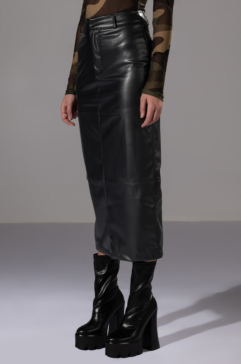 REAL TALK FAUX LEATHER MIDI SKIRT