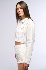 RILEE EMBELLISHED DENIM CROP JACKET IN WHITE