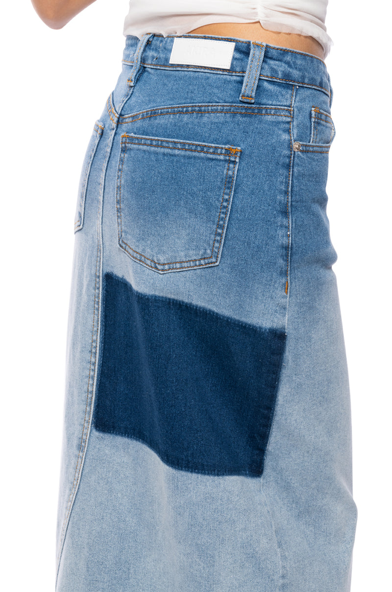 SEEING DOUBLE DENIM MAXI SKIRT